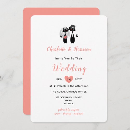 Elegant White Coral Cute Whimsy Black Cats Wedding Invitation