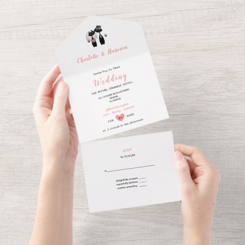 Elegant White Coral Lucky Black Cat Couple Wedding All In One Invitation