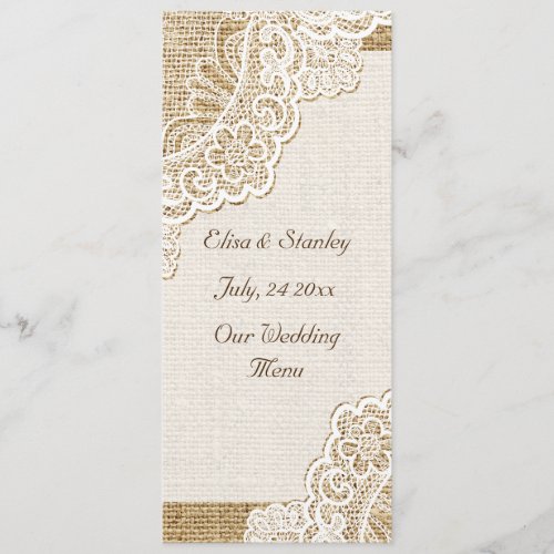 Elegant white corner lace on burlap wedding menu