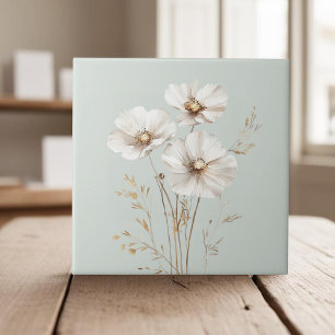 Elegant white cosmos flowers faux gold grass ceramic tile