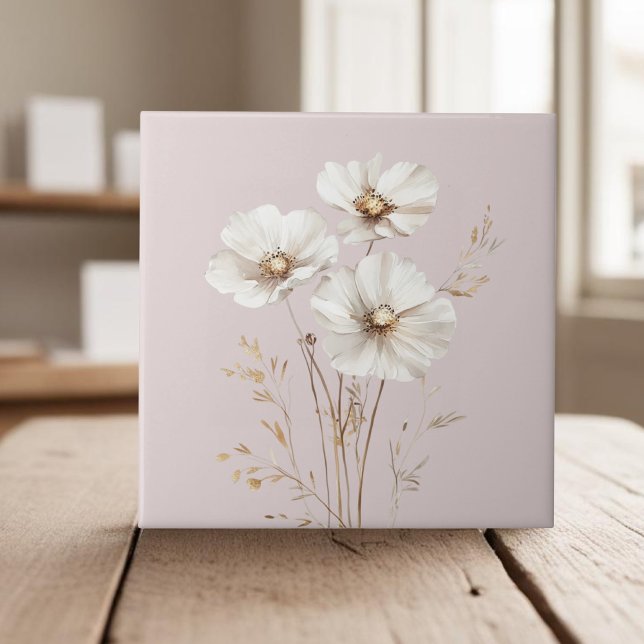 Elegant white cosmos flowers faux gold grass ceramic tile (Creator Uploaded)