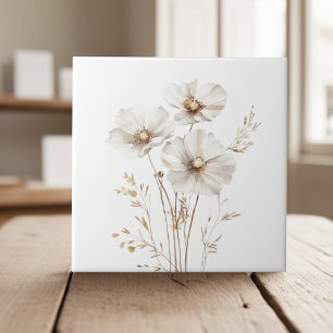 Elegant white cosmos flowers faux gold grass ceramic tile