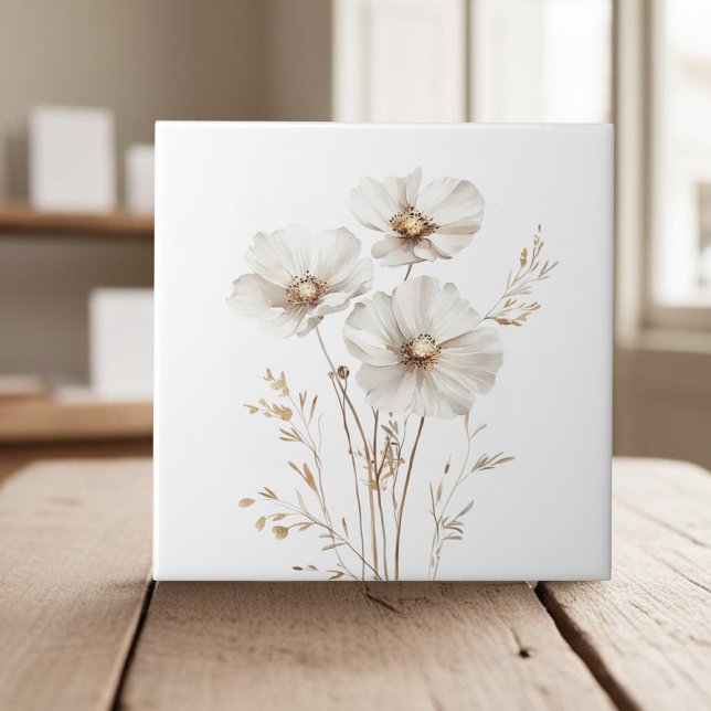 Elegant white cosmos flowers faux gold grass ceramic tile (Creator Uploaded)