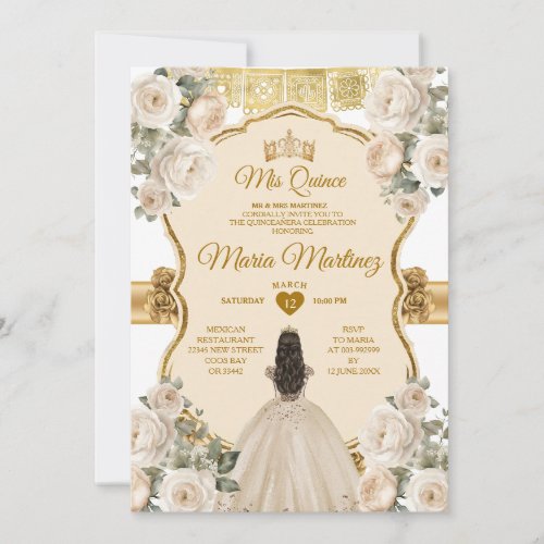 Elegant White Cream Floral Princess Quiceanera Invitation