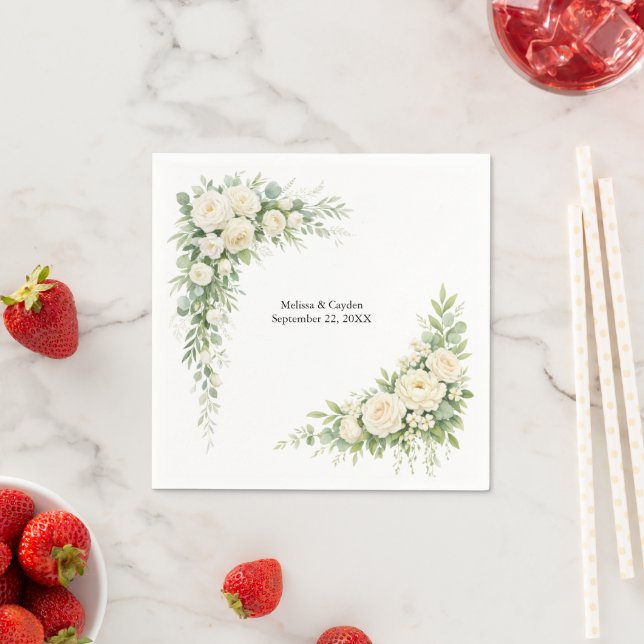Elegant White Cream Florals Wedding Bridal Shower Napkins (Insitu)