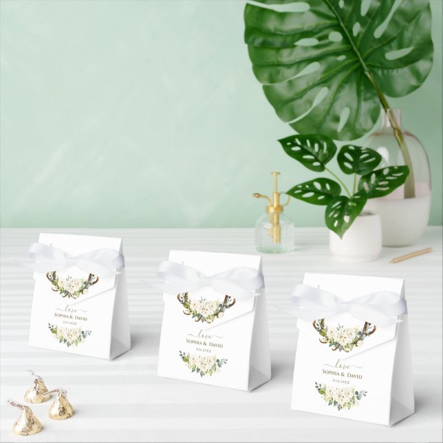 Elegant White Cream Flowers Antlers Wedding  Favor Boxes (Multiple)