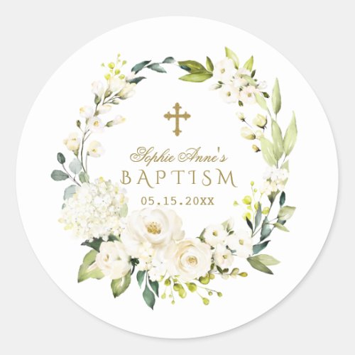 Elegant White Cream Flowers Gold Cross Baptism Classic Round Sticker