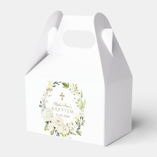 Elegant White Cream Flowers Gold Cross Baptism Favor Boxes