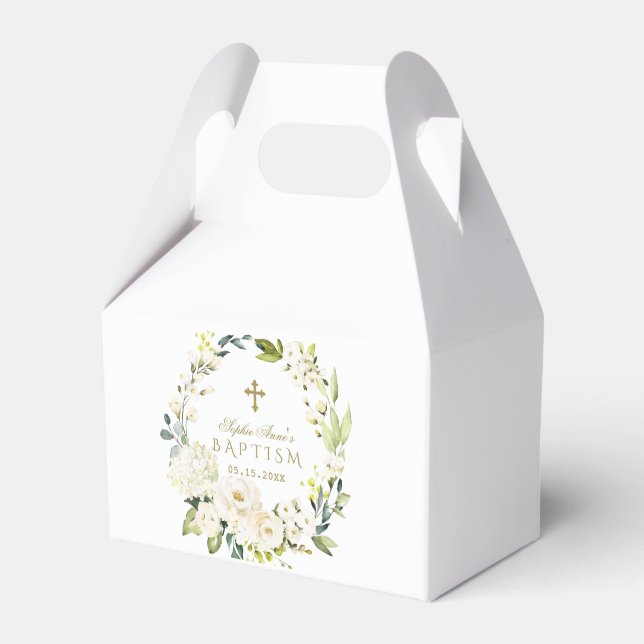Elegant White Cream Flowers Gold Cross Baptism Favor Boxes (Front Side)