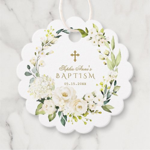 Elegant White Cream Flowers Gold Cross Baptism Favor Tags