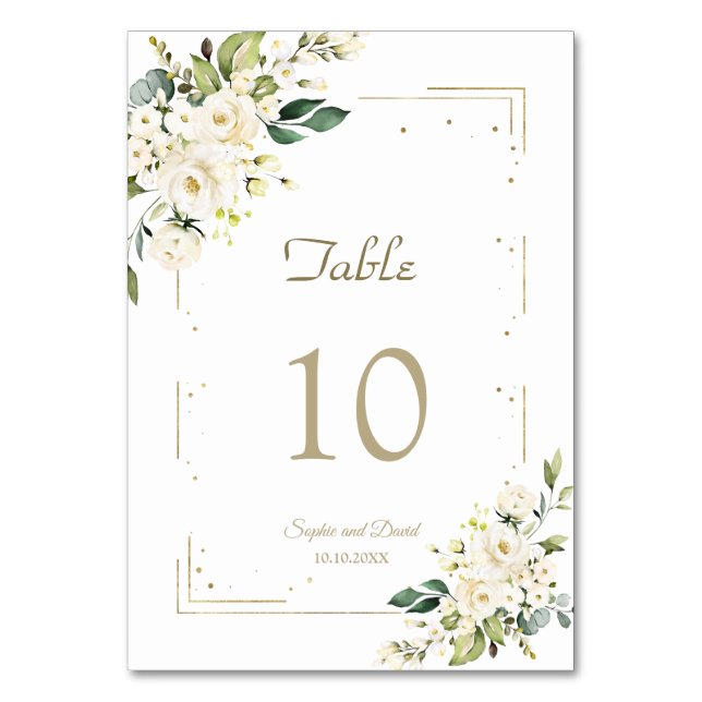 Elegant White Cream Flowers Gold Glitter Wedding Table Number (Front)