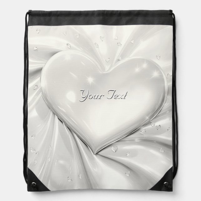 Elegant White Cream Heart Drawstring Backpack (Front)