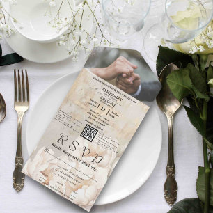 Elegant White Cream Peony Floral QR Code Photo All In One Invitation