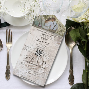 Elegant White Cream Roses Floral QR Code Photo All In One Invitation