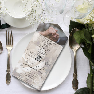 Elegant White Cream Roses Floral QR Code Photo All In One Invitation