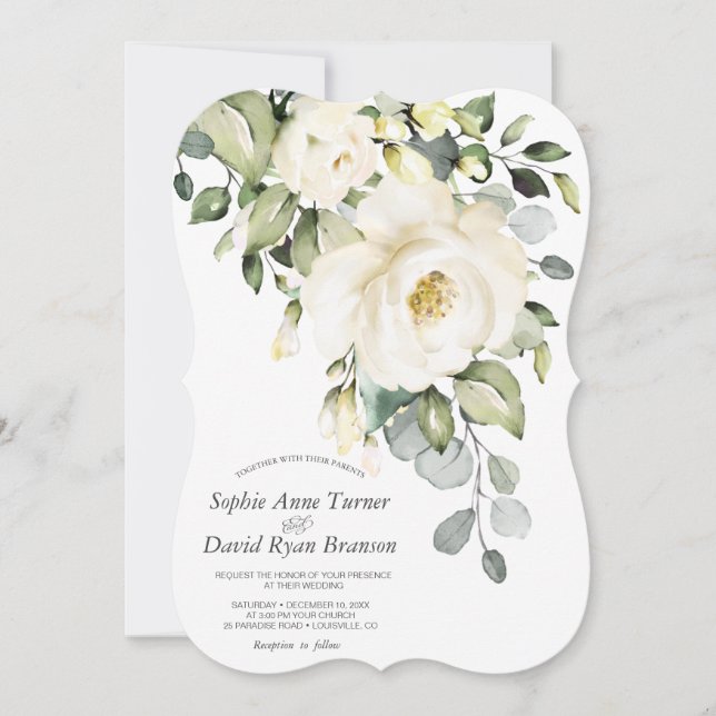 Elegant White Cream Watercolor Flowers Wedding Invitation (Front)
