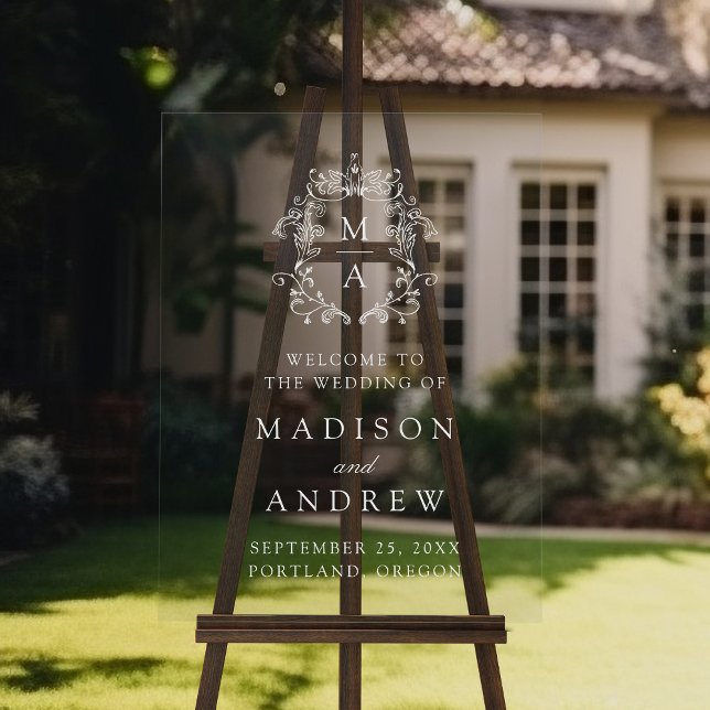 Elegant White Crest Monogram Wedding Welcome Acrylic Sign (Creator Uploaded)