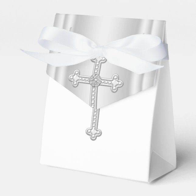 Elegant White Cross First Communion Favor Boxes (Front Side)
