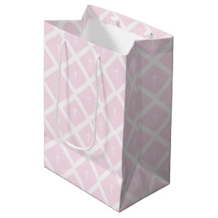 Elegant white cross on pink pattern baptism medium gift bag