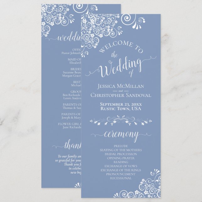 Elegant White Curls on Dusty Blue Fancy Wedding Program (Front/Back)
