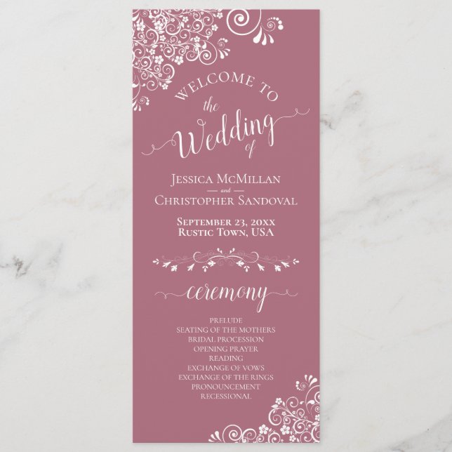Elegant White Curls on Dusty Rose Fancy Wedding Program (Front)