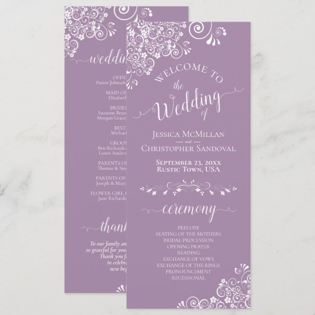 Elegant White Curls on Lavender Purple Wedding Program (Front/Back)