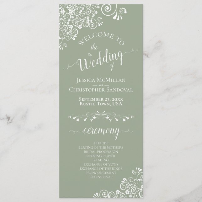 Elegant White Curls on Sage Green Fancy Wedding Program (Front)