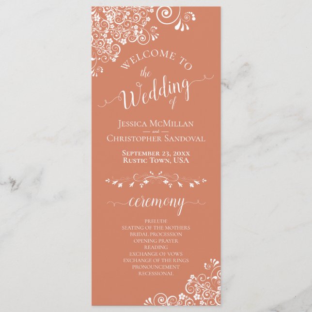 Elegant White Curls on Terracotta Coral Wedding Program (Front)
