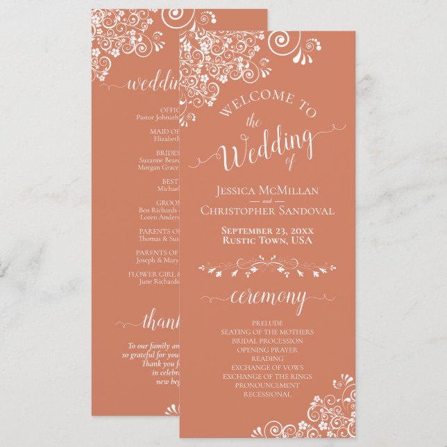 Elegant White Curls on Terracotta Coral Wedding Program (Front/Back)