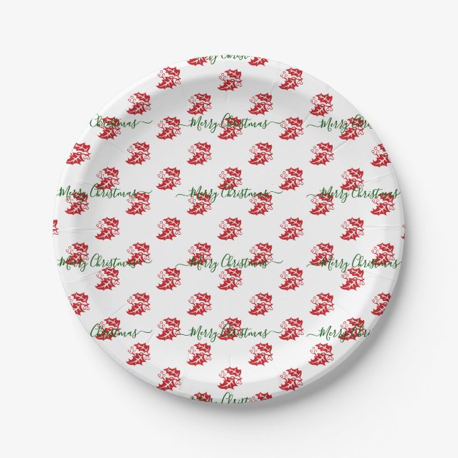 Elegant White Custom Christmas Holly Paper Plates (Front)