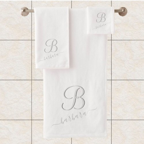 Elegant White Custom Monogram Name  Bath Towel Set