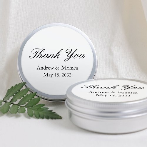 Elegant White Custom Wedding Thank You Tin Can Classic Round Sticker