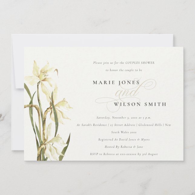 Elegant White Daffodil Couples Shower Invite (Front)