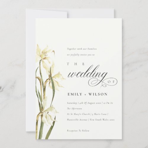 Elegant White Daffodil Watercolor Wedding Invite