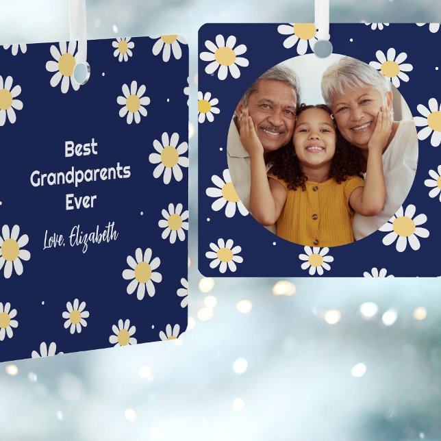 Elegant White Daisies Best Grandparents Ever Photo Metal Ornament (Creator Uploaded)