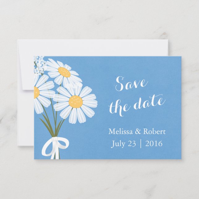 Elegant White Daisies Blue Save the Date Wedding (Front)