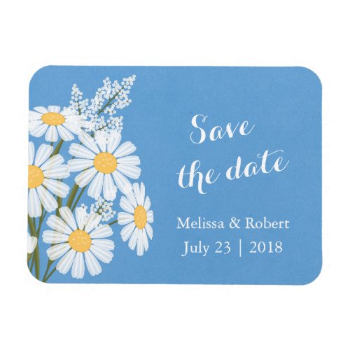 Elegant White Daisies Blue Save the Date Wedding Magnet