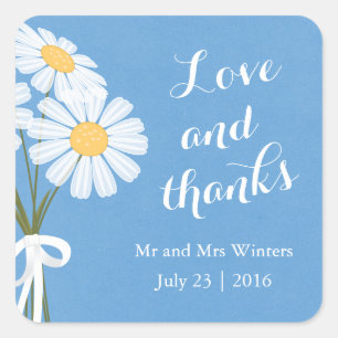 Elegant White Daisies Blue Thank You Wedding Square Sticker