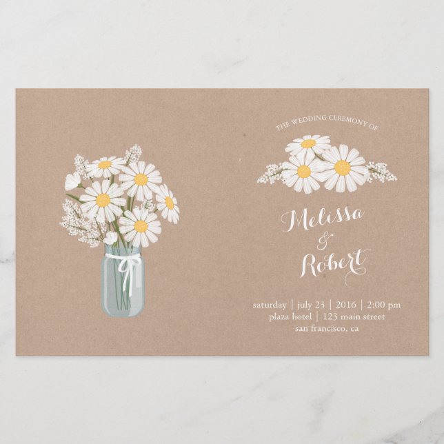 Elegant White Daisies Mason Jar Wedding Program (Front)