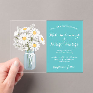 Elegant White Daisies Mason Jar Wedding Teal Acrylic Invitations