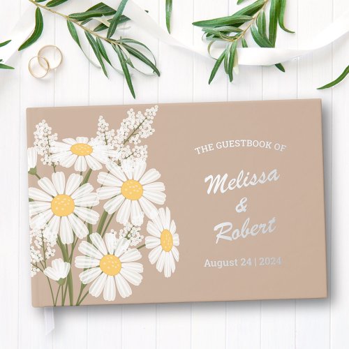 Elegant White Daisies Rustic Wedding Foil Beige Foil Guest Book