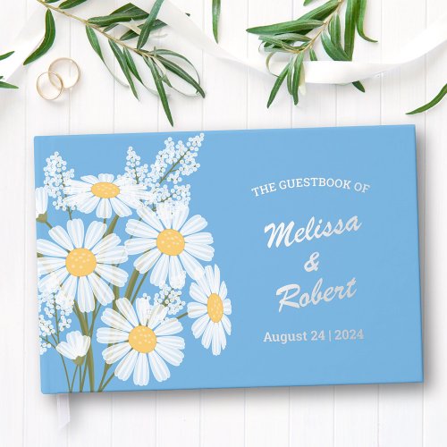 Elegant White Daisies Rustic Wedding Foil Blue Foil Guest Book