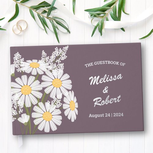 Elegant White Daisies Rustic Wedding Foil Purple Foil Guest Book