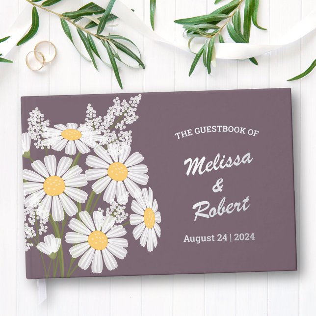 Elegant White Daisies Rustic Wedding Foil Purple Foil Guest Book (Creator Uploaded)