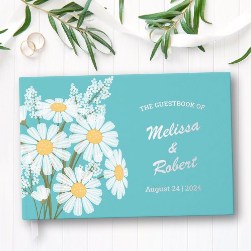 Elegant White Daisies Rustic Wedding Foil Teal Foil Guest Book