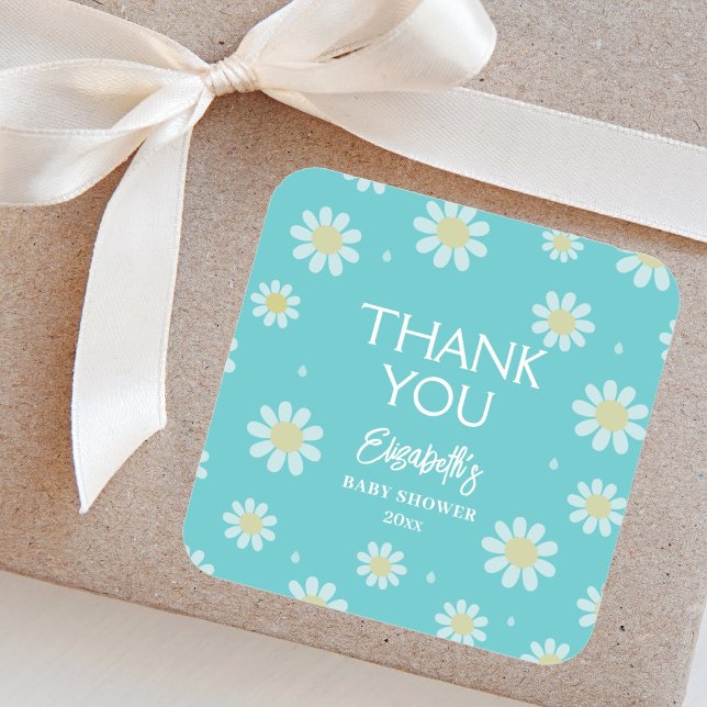 Elegant White Daisies Summer Baby Shower Thank You Square Sticker (Creator Uploaded)