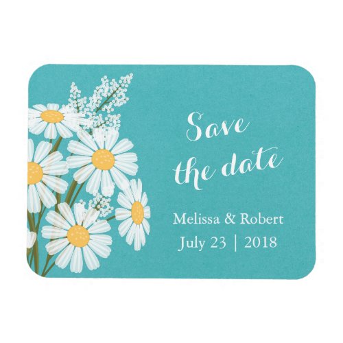 Elegant White Daisies Teal Save the Date Wedding Magnet