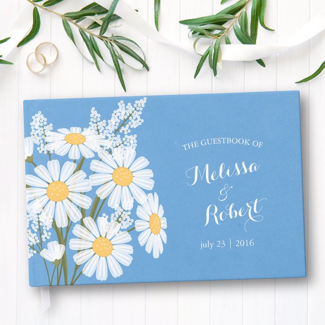 Elegant White Daisies Wedding Blue Guest Book (Creator Uploaded)