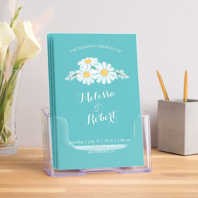 Elegant White Daisies Wedding Program Teal Brochure (Insitu)