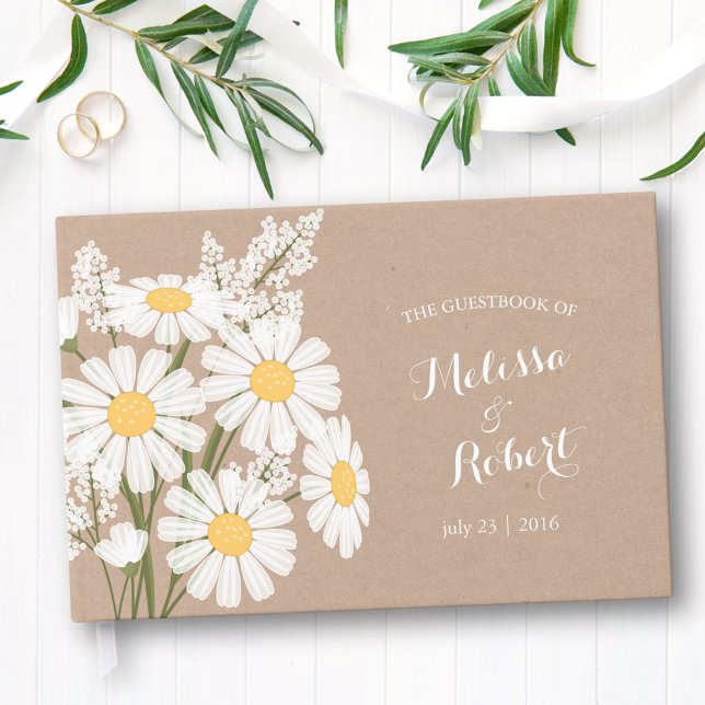 Elegant White Daisies Wedding Rustic Beige Guest Book (Creator Uploaded)